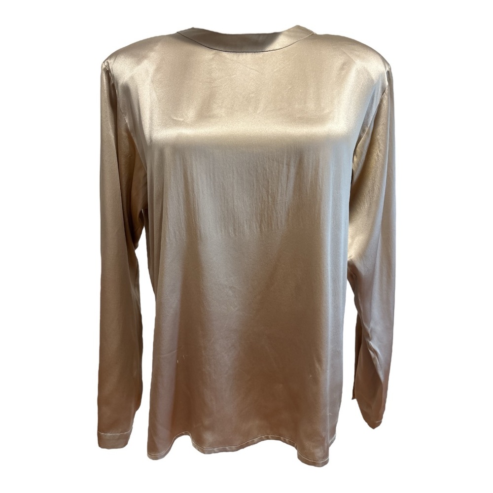 80s TALBOTS SILK PEWTER TAN SLEEK LONG SLEEVE & JEWEL NECKLINE MINIMALIST SZ 6 - Picture 3 of 10